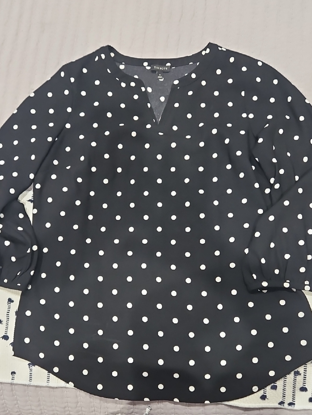 Talbots Black and White Polka Dot Split V-Neck Blouse